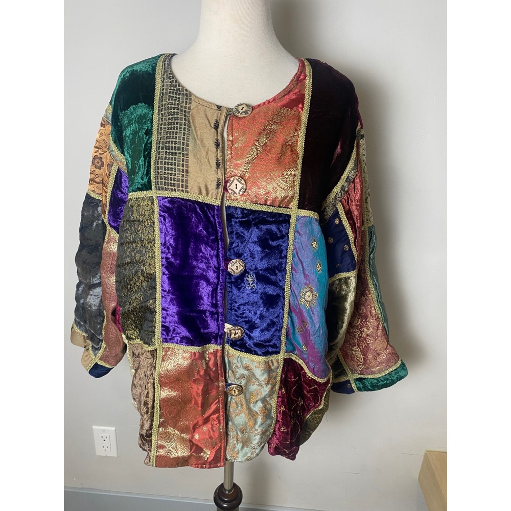 Vintage Raiment Fashions 90s Patchwork Velvet Brocade Jacket L Multi-Color Boho